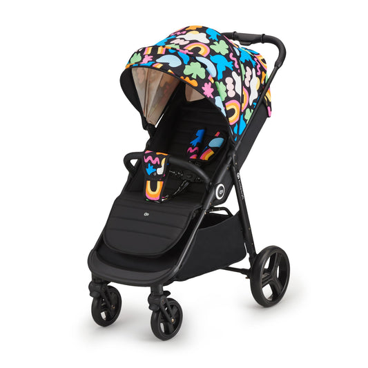 Kinderkraft GRANDE PLUS Kinderkraft buggy von Geburt bis 22 kg, Zusammenklappen mit einer Hand, Liegeposition, großes Verdeck mit Fenster, alle 4 Räder gedämpft, geräumige Sitz, Happy shapes