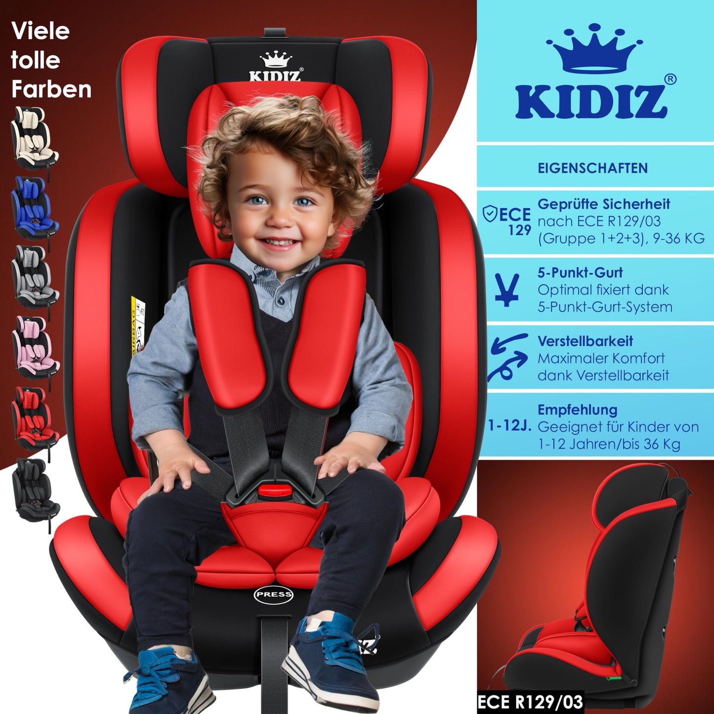 KIDIZ® Autokindersitz Kinderautositz Gruppe 1+2+3 9-36 kg 5-Punkt-Sicherheitsgurt, Autositz, Kindersitz, Einstellbare Kopfstütze, Mitwachsende Sitzerhöhung 1-12 Jahre, Stabil und Sicher