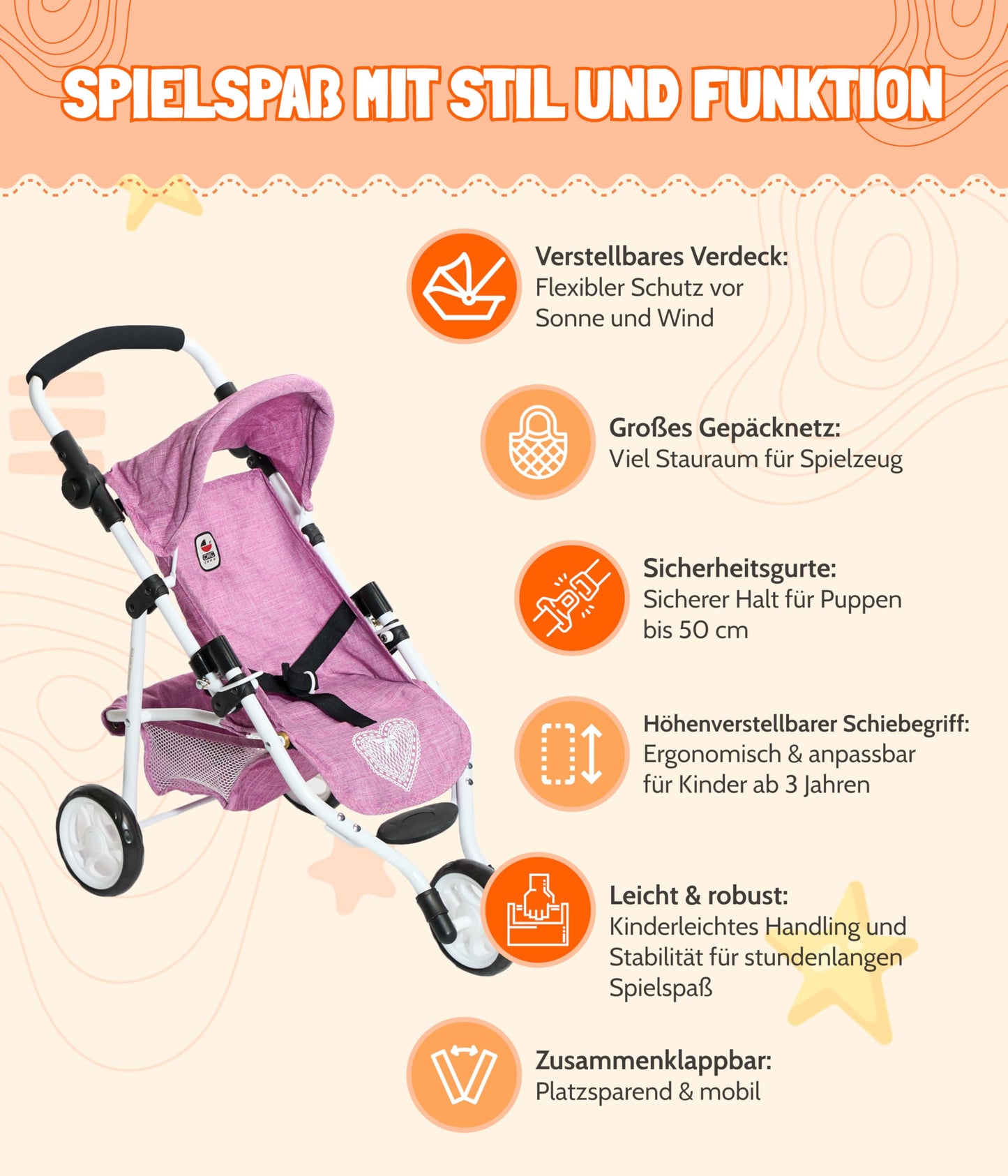 Bayer Chic 2000 - Puppenbuggy Lola, Jogging-Buggy, Puppenjogger, Puppenwagen, Pflaume, lila, 70 x 33 x 62 cm