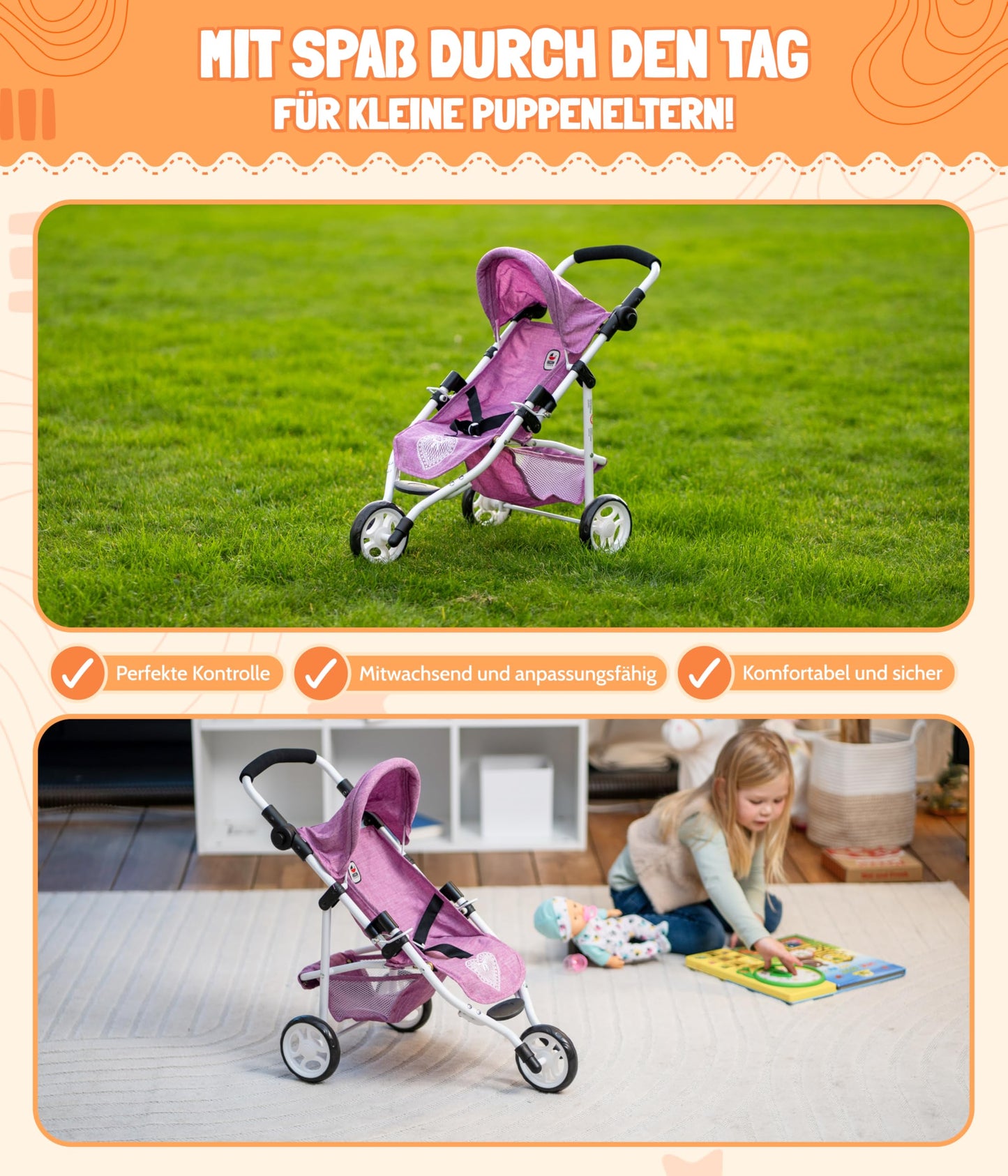 Bayer Chic 2000 - Puppenbuggy Lola, Jogging-Buggy, Puppenjogger, Puppenwagen, Pflaume, lila, 70 x 33 x 62 cm